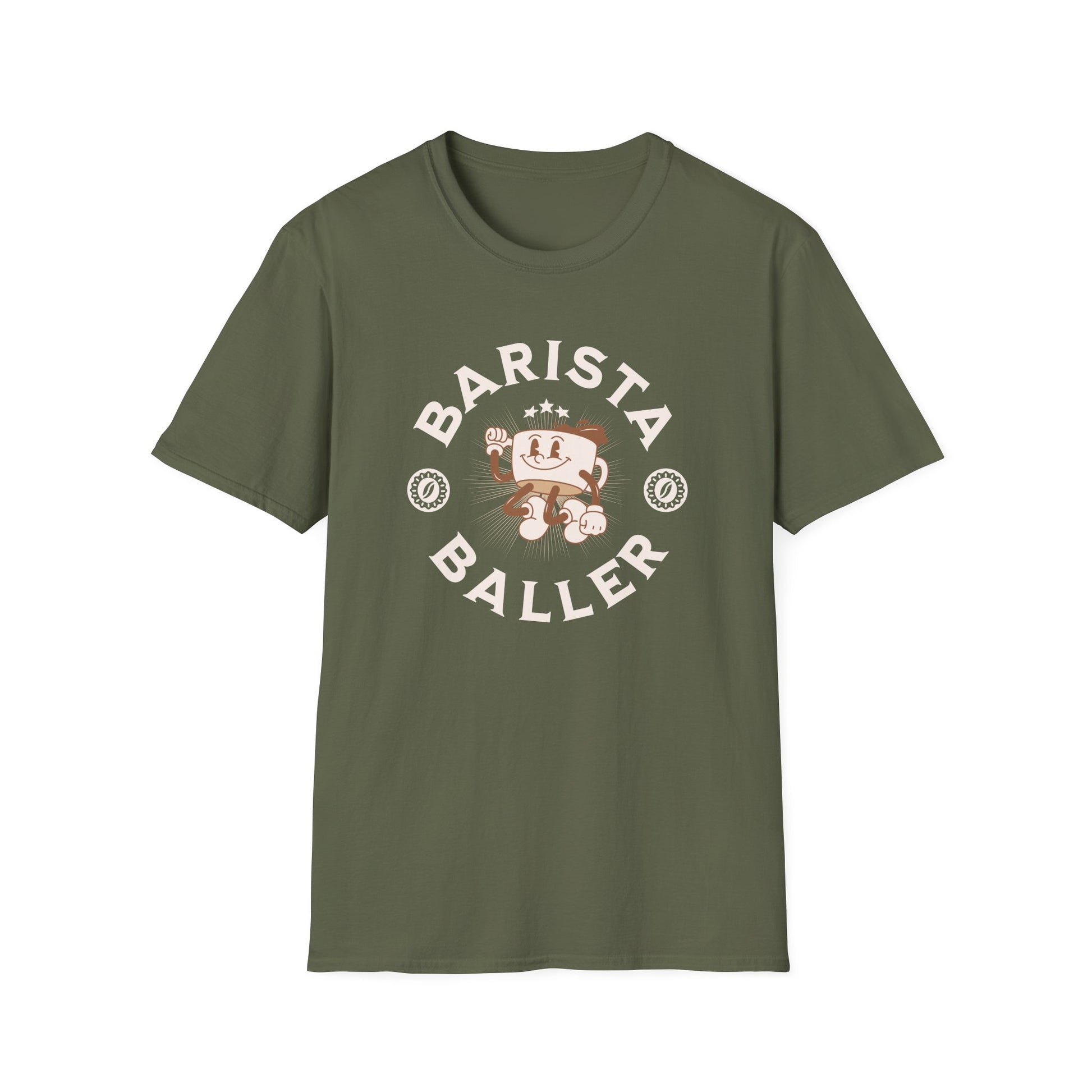 Military Green t-shirt with 'Barista Baller' and a coffee mug mascot graphic design on a white background