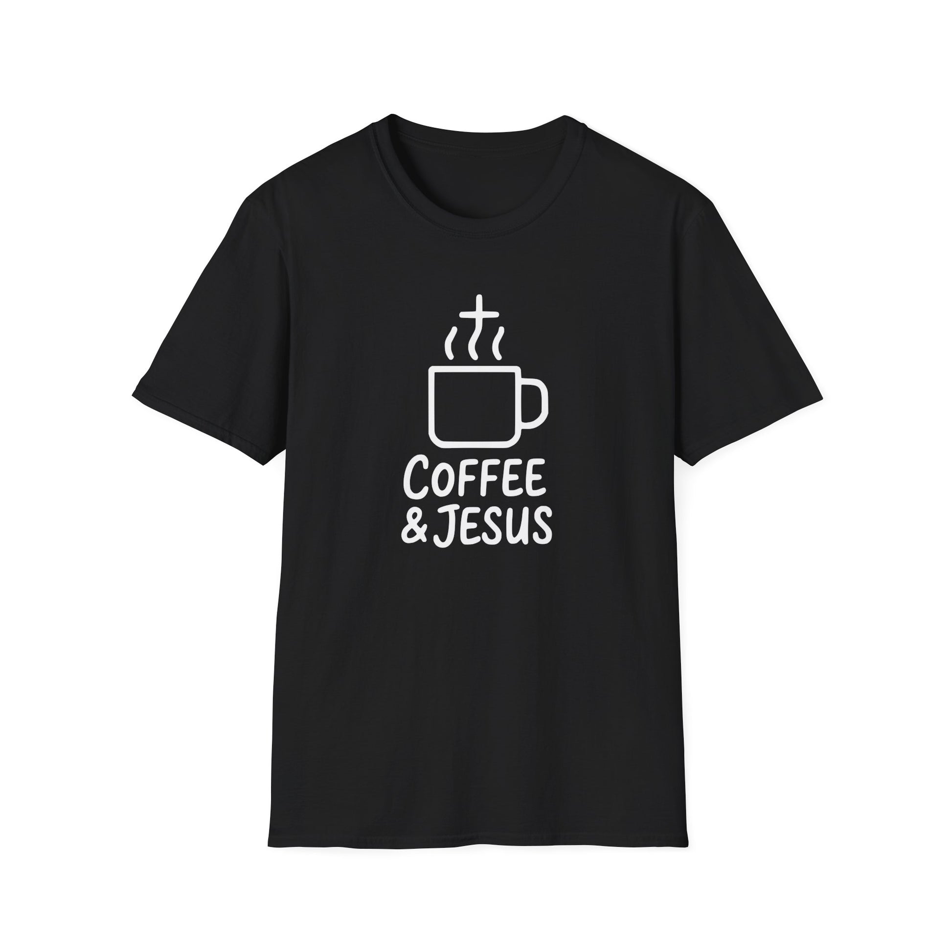 Black t-shirt with 'Coffee & Jesus' and coffee mug graphic on a white background