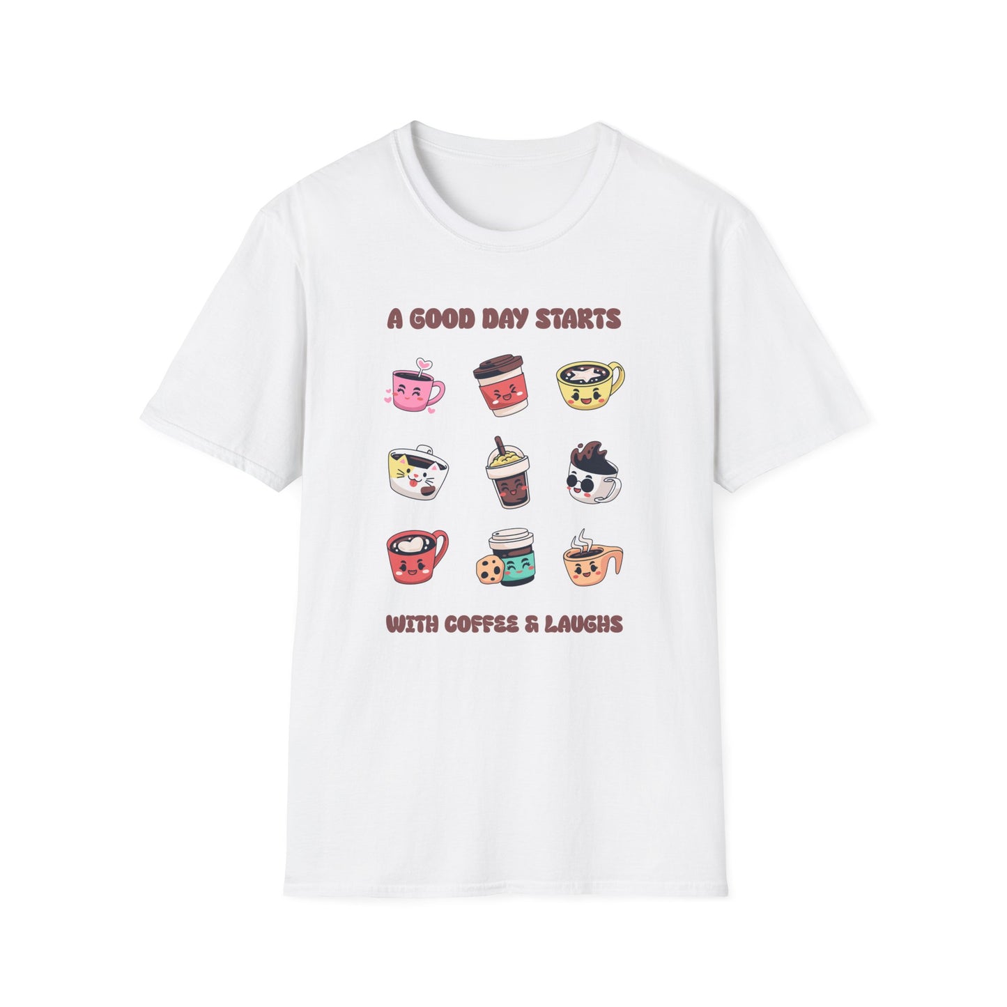 White color t-shirt with ’A Good Day Starts With Coffee & Laughs’ text on top and bottom of a collection of nine different coffee cups and mugs designs with the kawaii style and arranged on a 3X3 style design on a white background