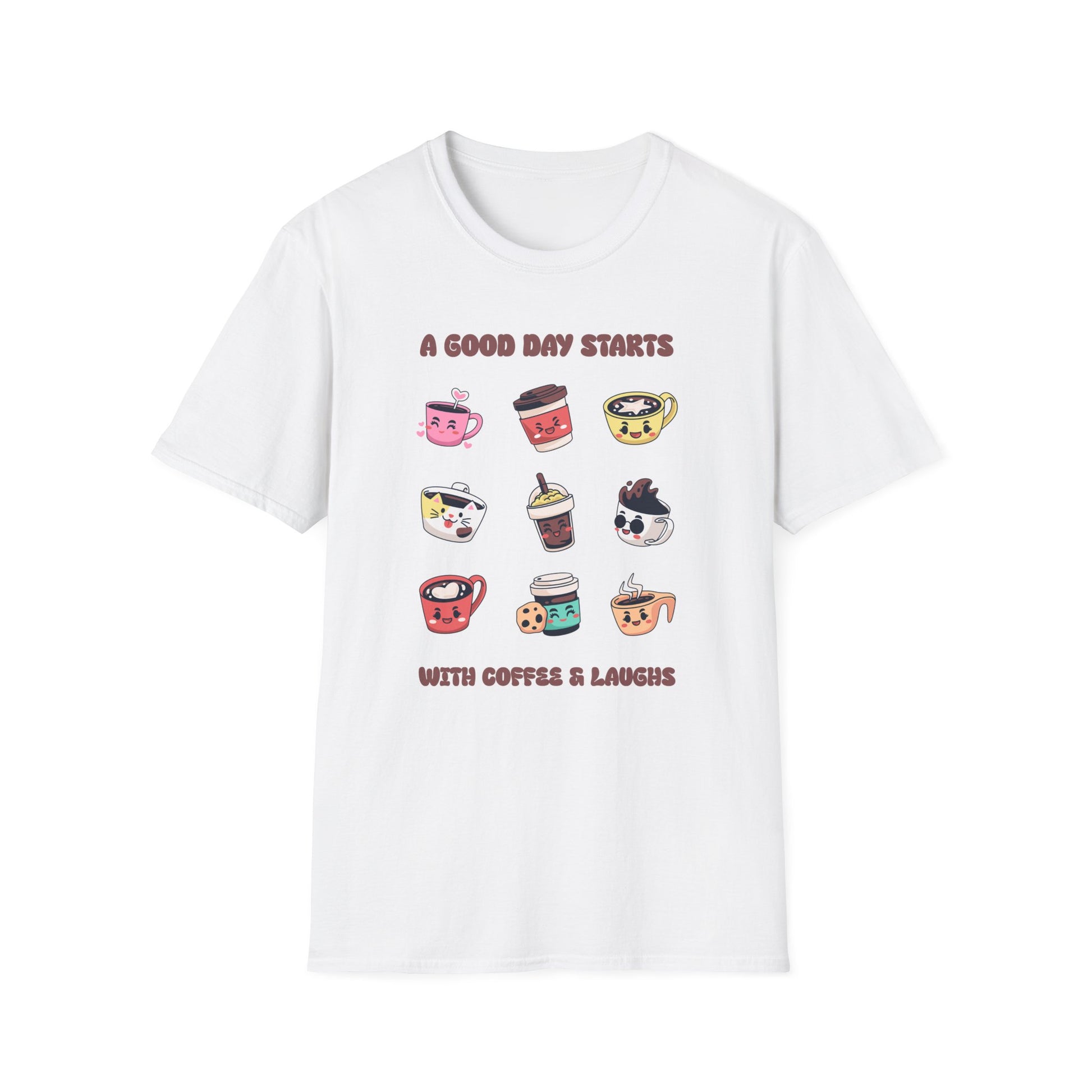 White color t-shirt with ’A Good Day Starts With Coffee & Laughs’ text on top and bottom of a collection of nine different coffee cups and mugs designs with the kawaii style and arranged on a 3X3 style design on a white background