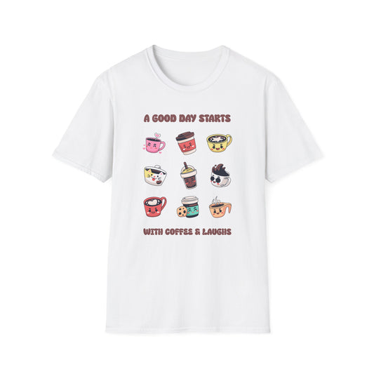 White color t-shirt with ’A Good Day Starts With Coffee & Laughs’ text on top and bottom of a collection of nine different coffee cups and mugs designs with the kawaii style and arranged on a 3X3 style design on a white background