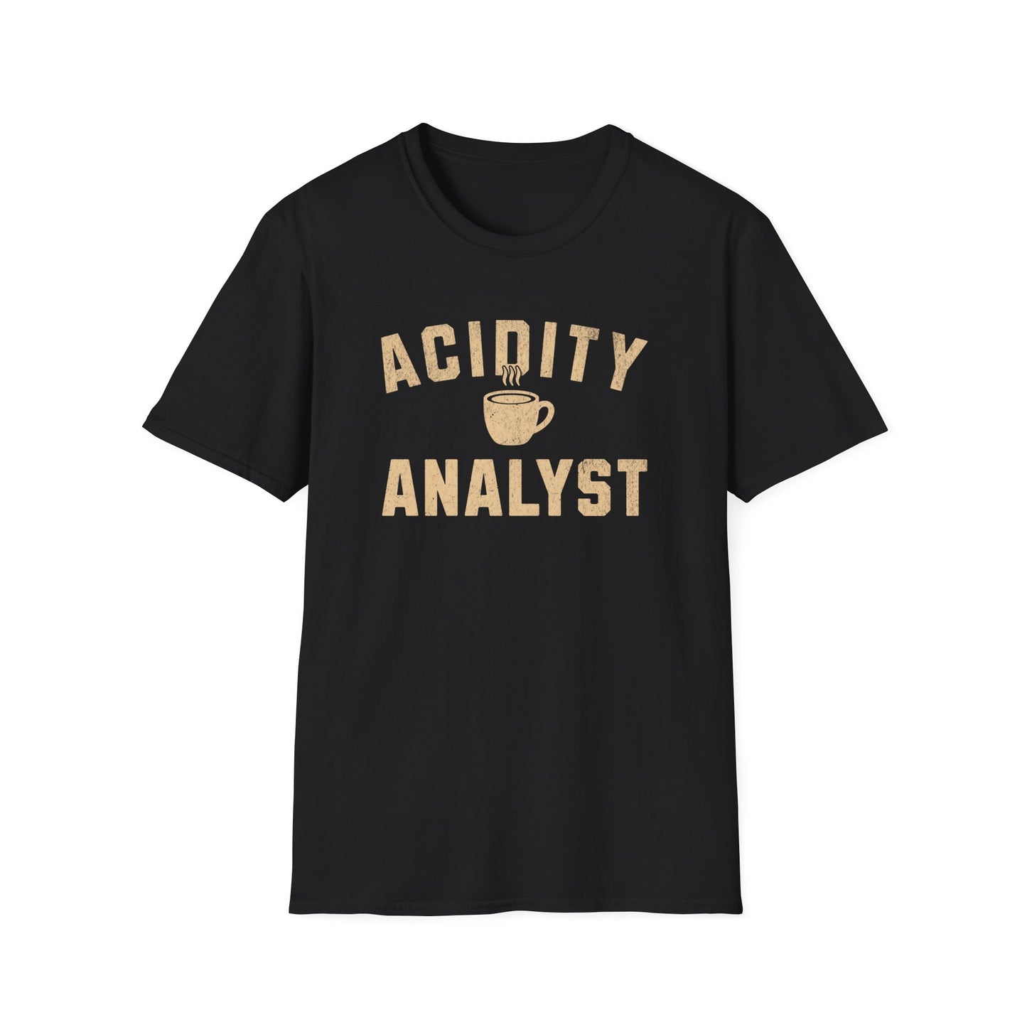 Black t-shirt with 'Acidity Analyst' text and a coffee cup graphic on a white background