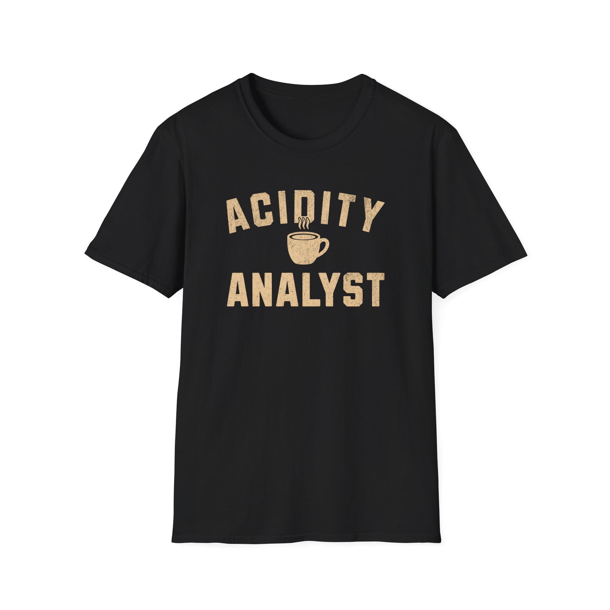 Black t-shirt with 'Acidity Analyst' text and a coffee cup graphic on a white background