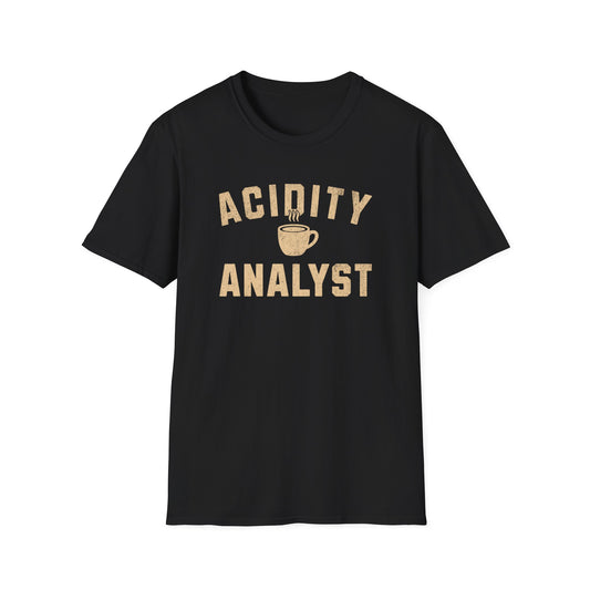 Black t-shirt with 'Acidity Analyst' text and a coffee cup graphic on a white background