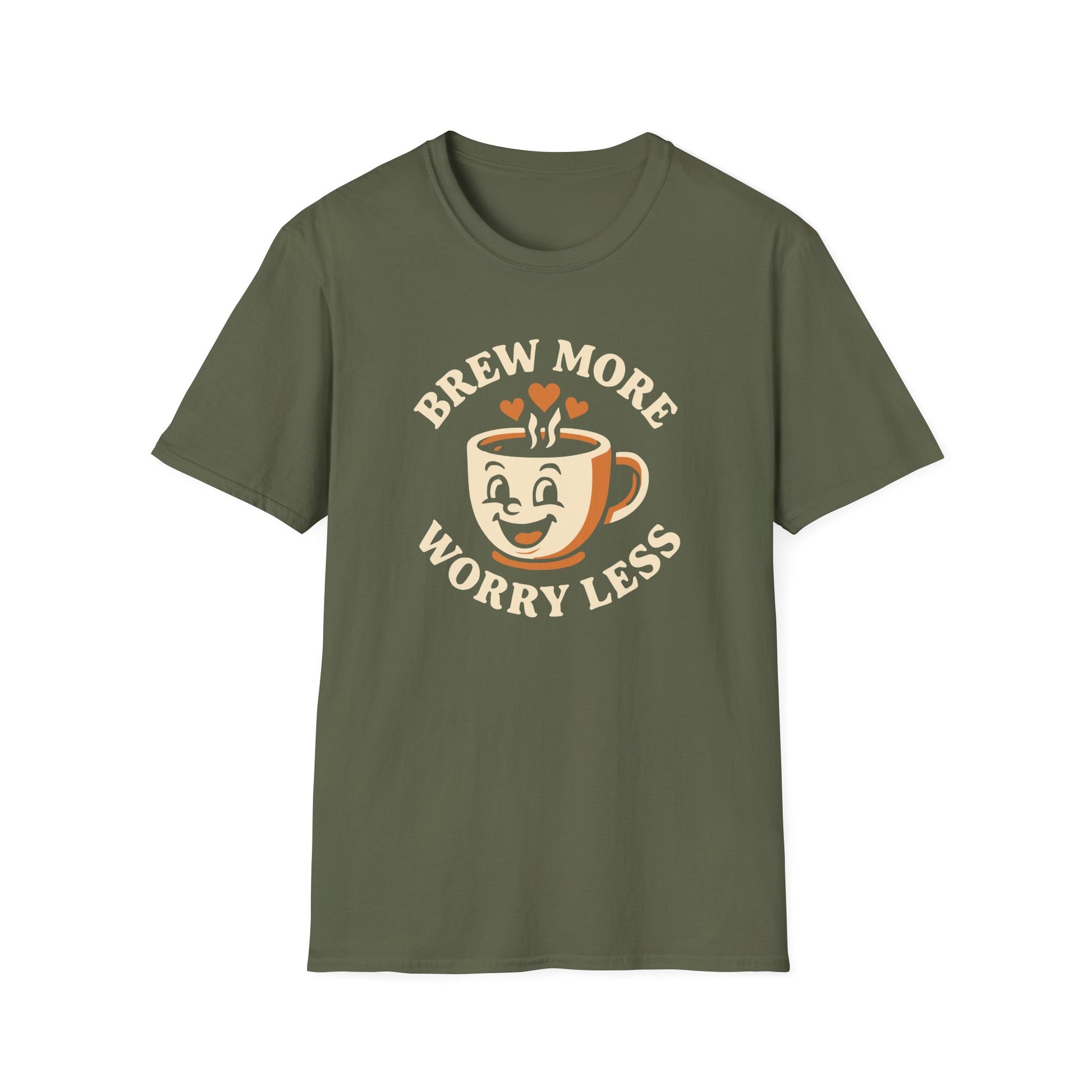 Military Green t-shirt with ’Brew More Worry Less’ text surrounding a mug with freshly made coffee a smiling face on it and three hearts coming out with the steam design on top of the text on a military green background