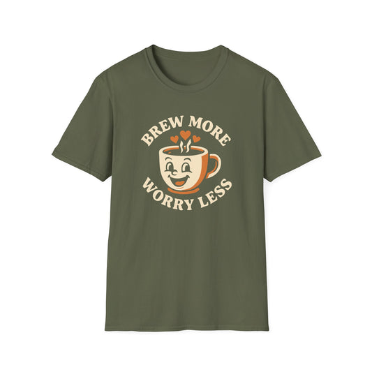 Military Green t-shirt with ’Brew More Worry Less’ text surrounding a mug with freshly made coffee a smiling face on it and three hearts coming out with the steam design on top of the text on a military green background
