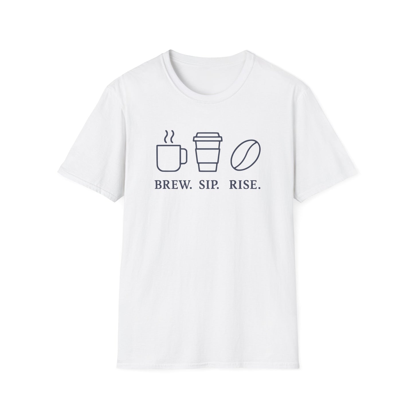 White t-shirt with ’Brew. Sip. Rise.’ text and a mug with freshly made coffee a to go cup of latte and a coffee bean design on top of the text on a white background