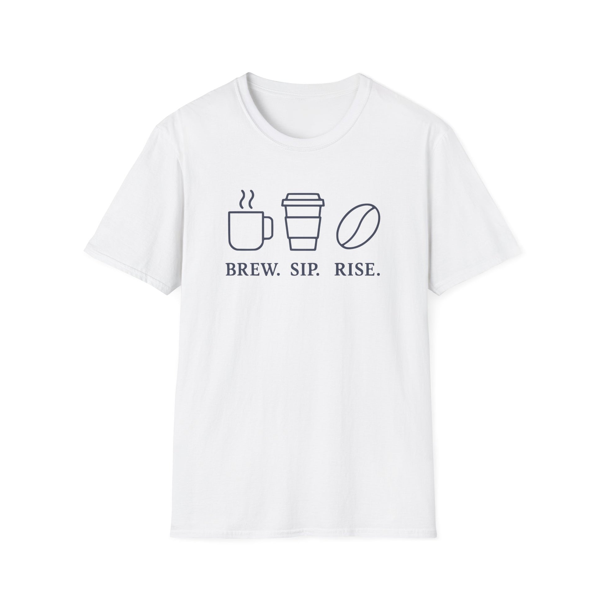 White t-shirt with ’Brew. Sip. Rise.’ text and a mug with freshly made coffee a to go cup of latte and a coffee bean design on top of the text on a white background