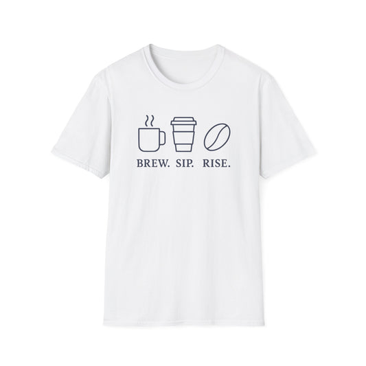 White t-shirt with ’Brew. Sip. Rise.’ text and a mug with freshly made coffee a to go cup of latte and a coffee bean design on top of the text on a white background
