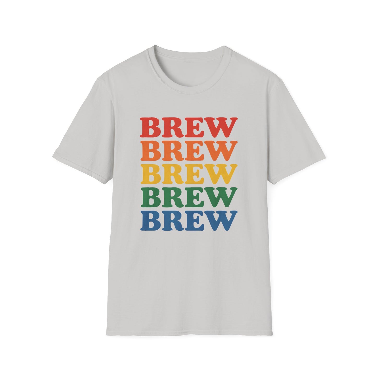 Ice Gray t-shirt with ’Brew’ text written 5 times with a different color each showing a retro styled colorful palette on an ice gray background