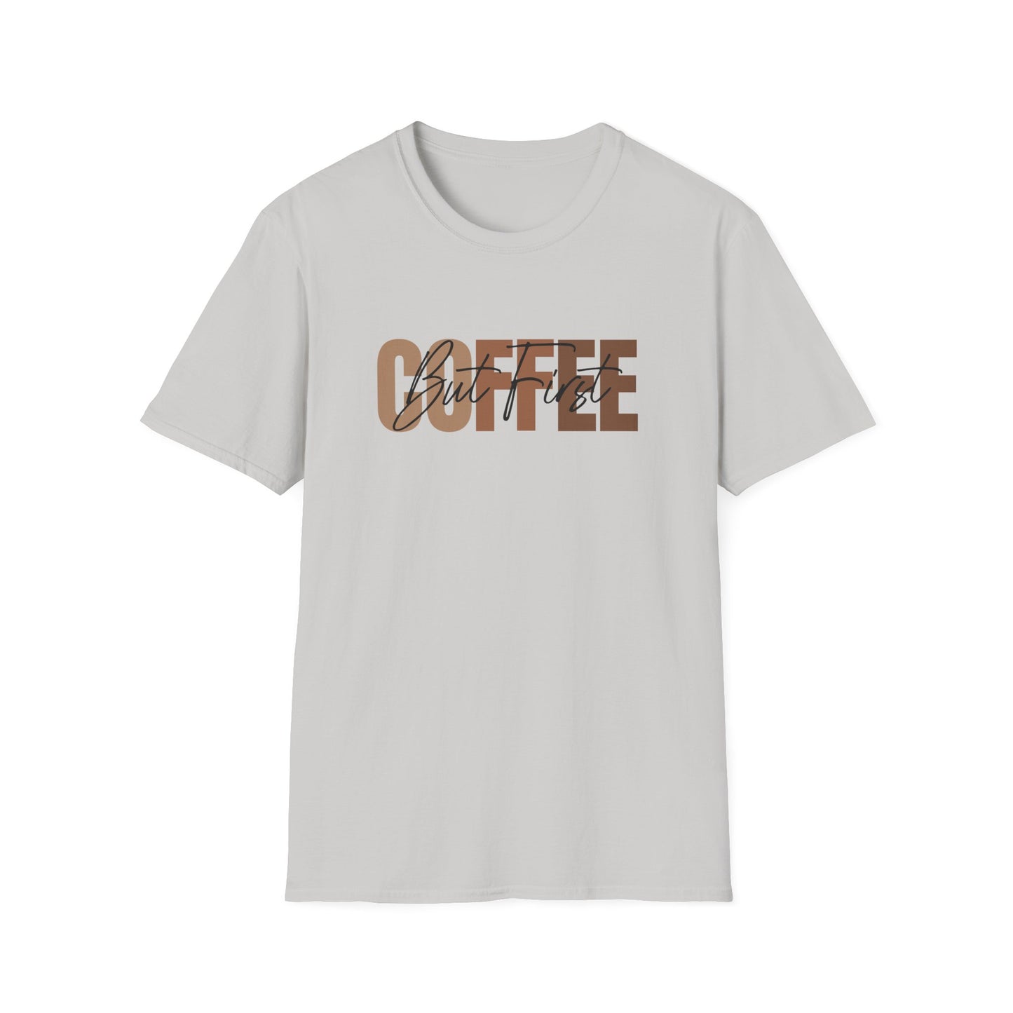 Ice Gray t-shirt with 'But First Coffee' text on an ice gray background