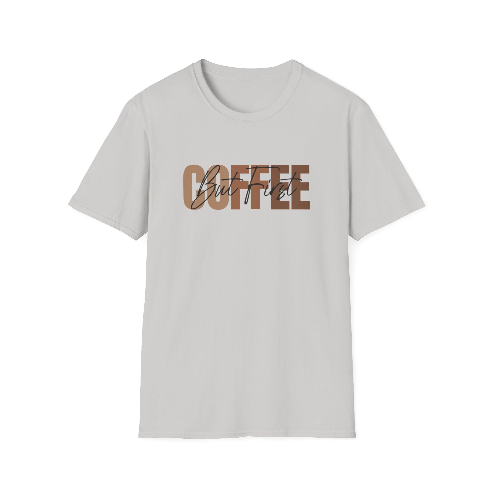 Ice Gray t-shirt with 'But First Coffee' text on an ice gray background