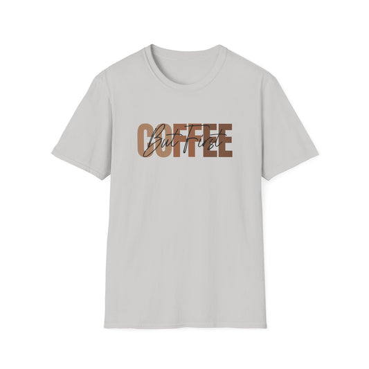 Ice Gray t-shirt with 'But First Coffee' text on an ice gray background