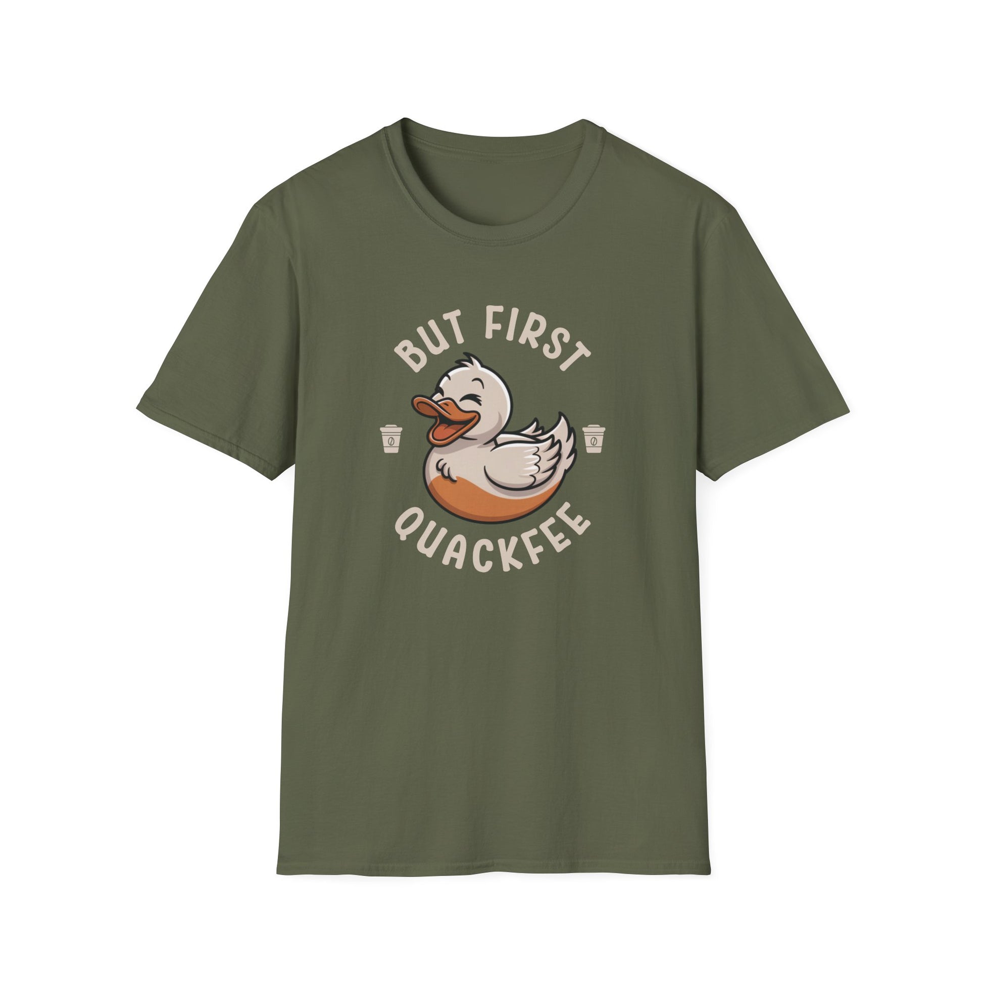 Military Green t-shirt with a duck graphic and 'But First Quackfee' text on a white background