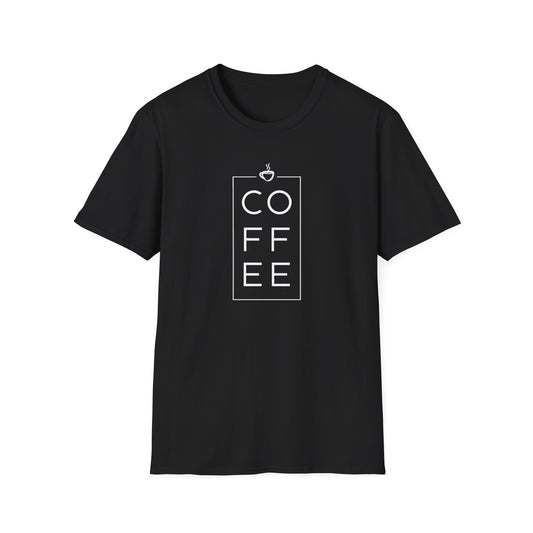Black t-shirt with 'COFFEE' graphic on a white background