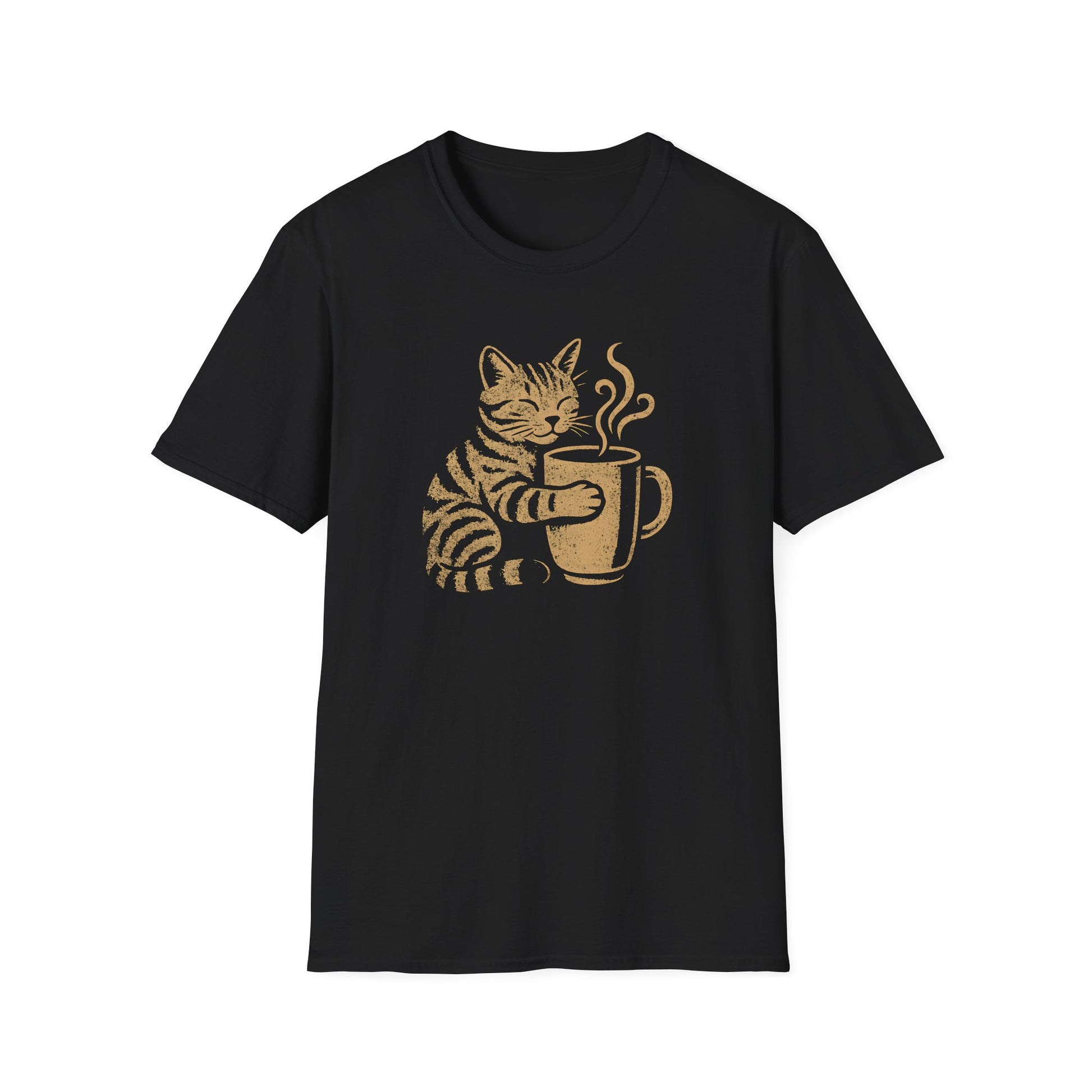 Black color t-shirt with a smiling cat holding a freshly made coffee on a mug design on a black background