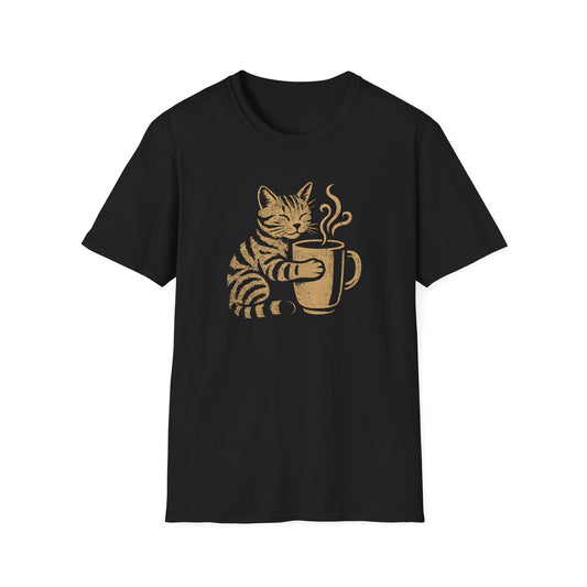 Black color t-shirt with a smiling cat holding a freshly made coffee on a mug design on a black background