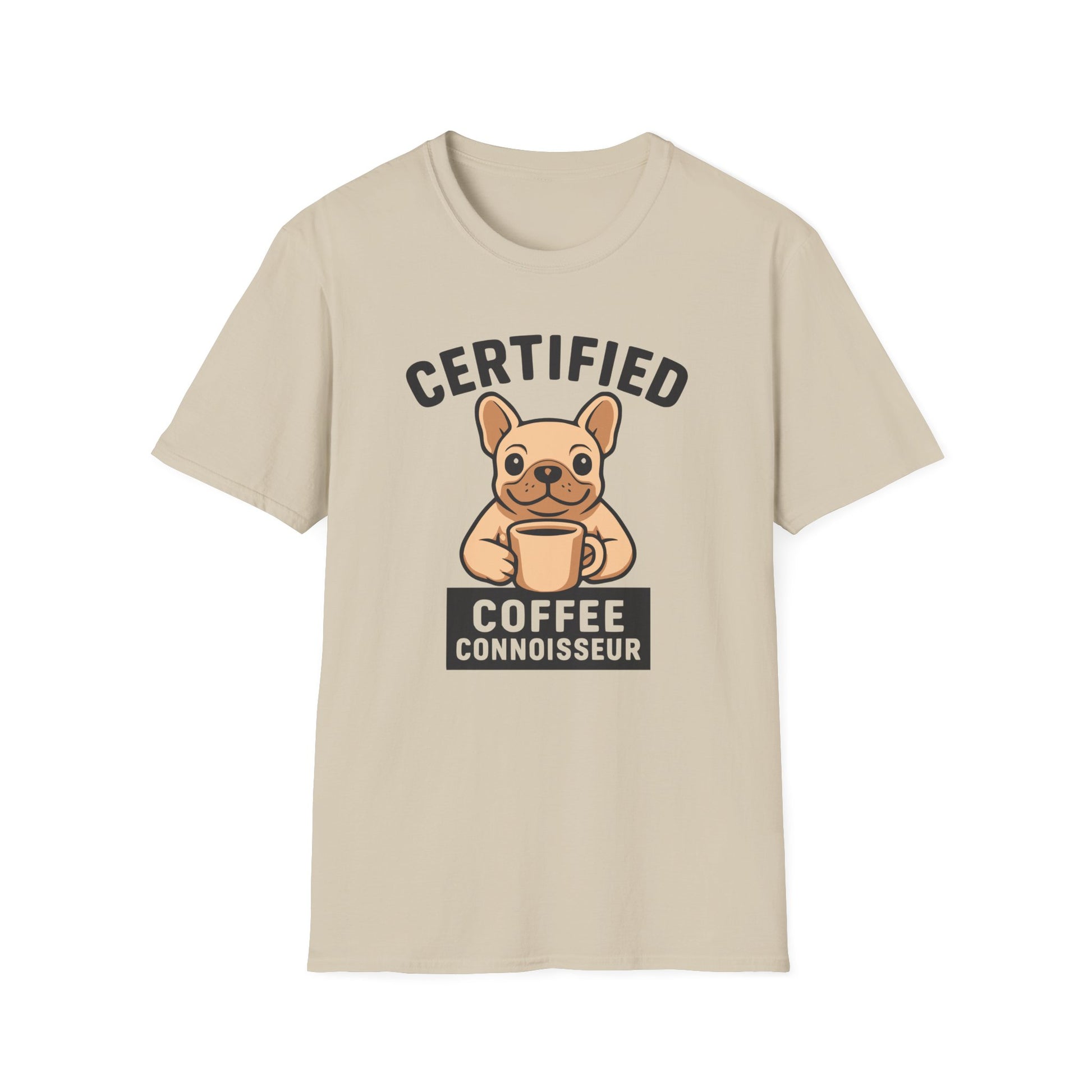 Sand color t-shirt with a dog holding a coffee cup graphic and text 'Certified Coffee Connoisseur' on a white background.