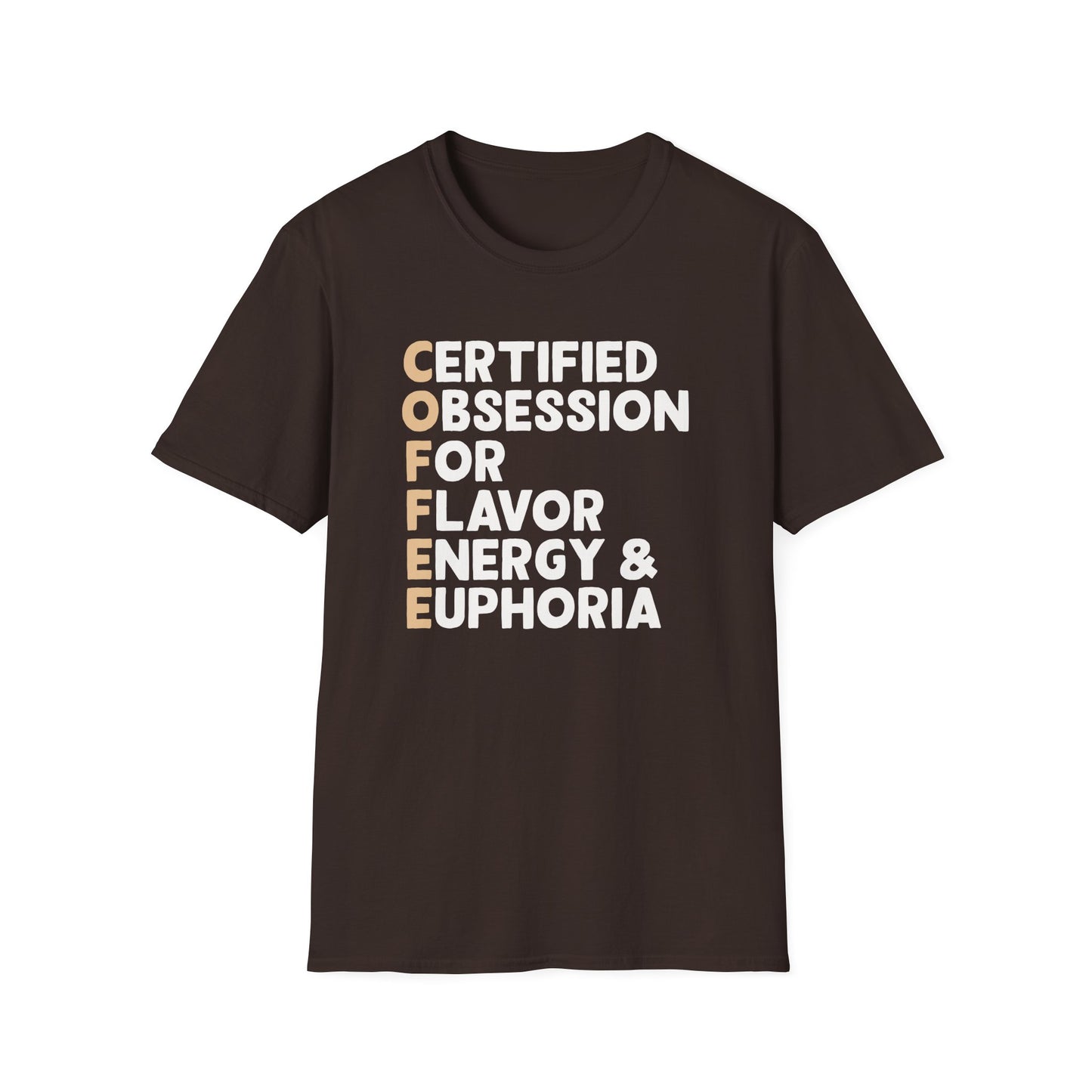 Dark Chocolate t-shirt with Coffee Acronym motivational text on a dark chocolate background