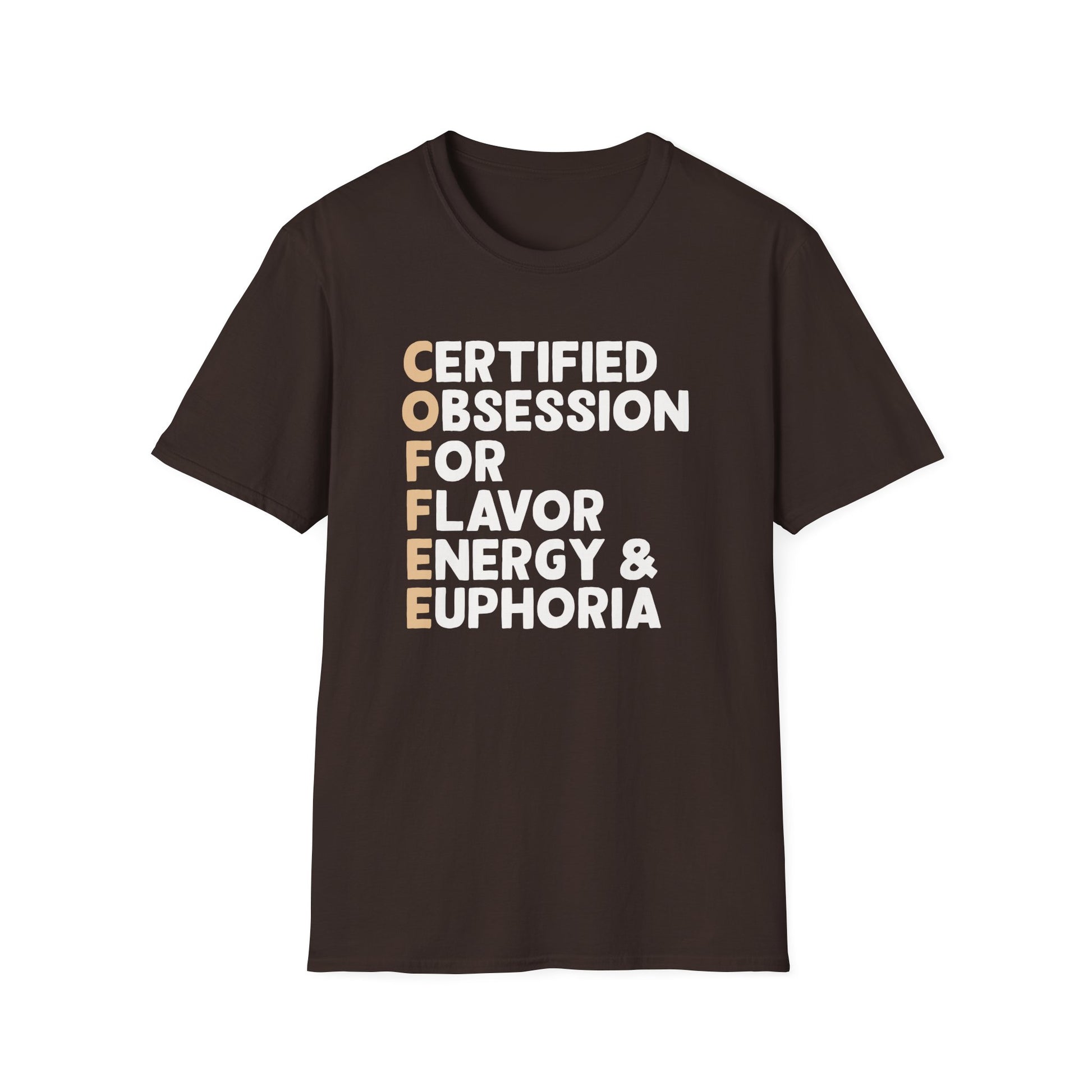 Dark Chocolate t-shirt with Coffee Acronym motivational text on a dark chocolate background