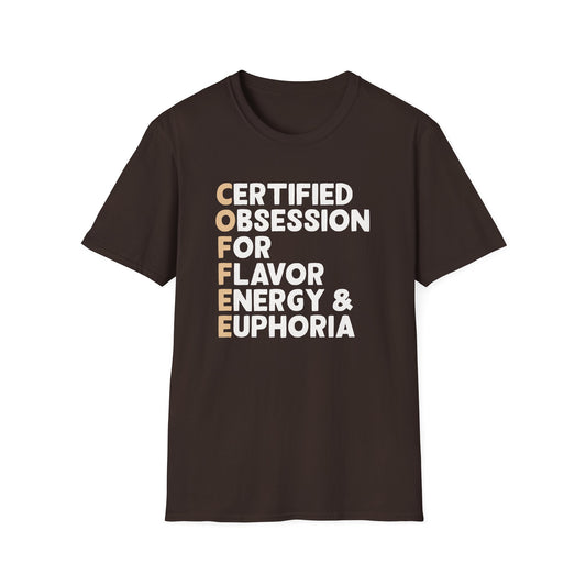 Dark Chocolate t-shirt with Coffee Acronym motivational text on a dark chocolate background