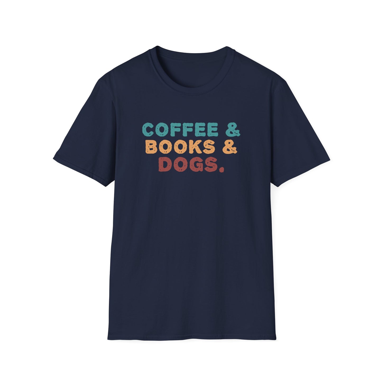 Navy t-shirt with ’Coffee & Books & Dogs.’ colorful text on a retro 80s style on a navy background