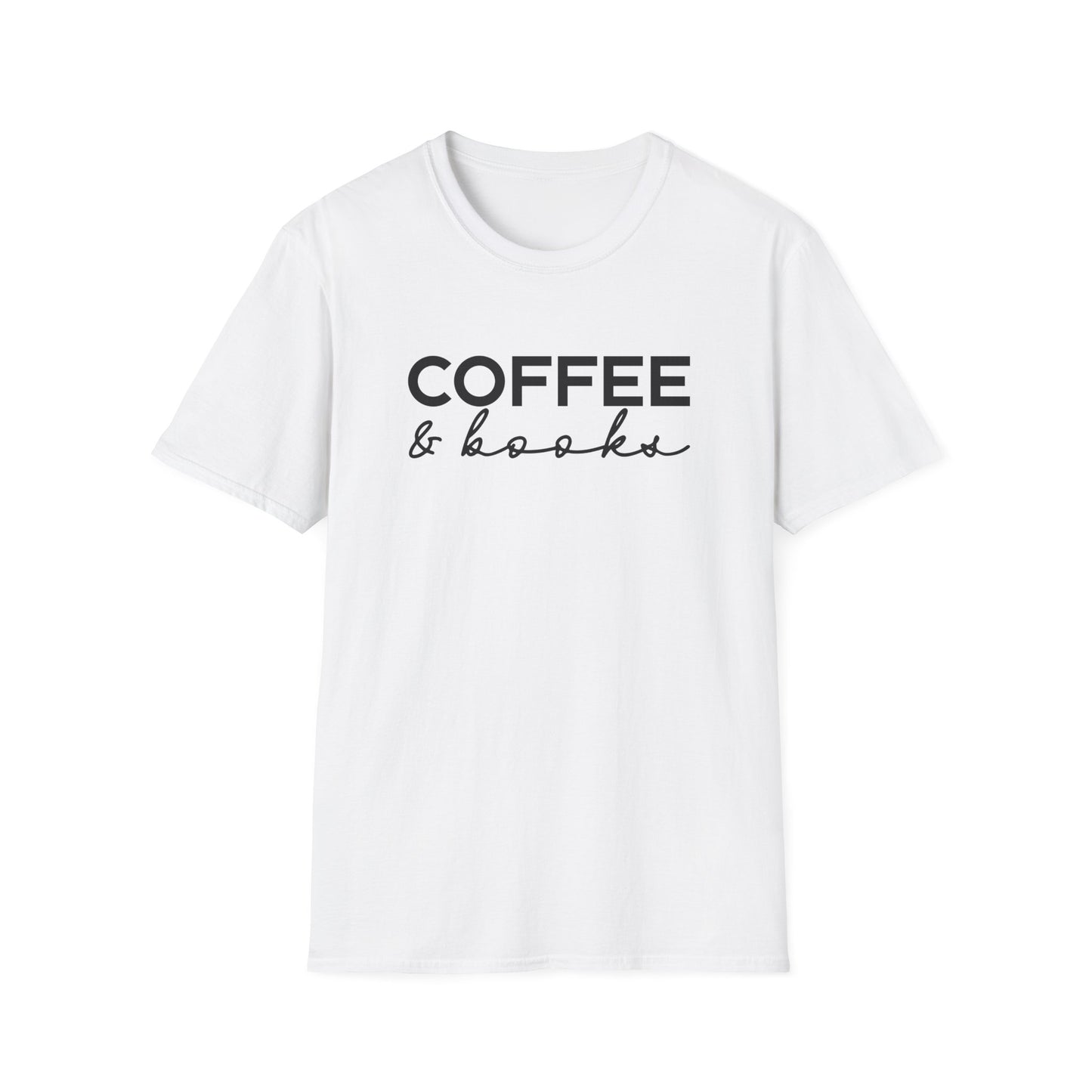 White t-shirt with ’Coffee & Books’ text on a white background