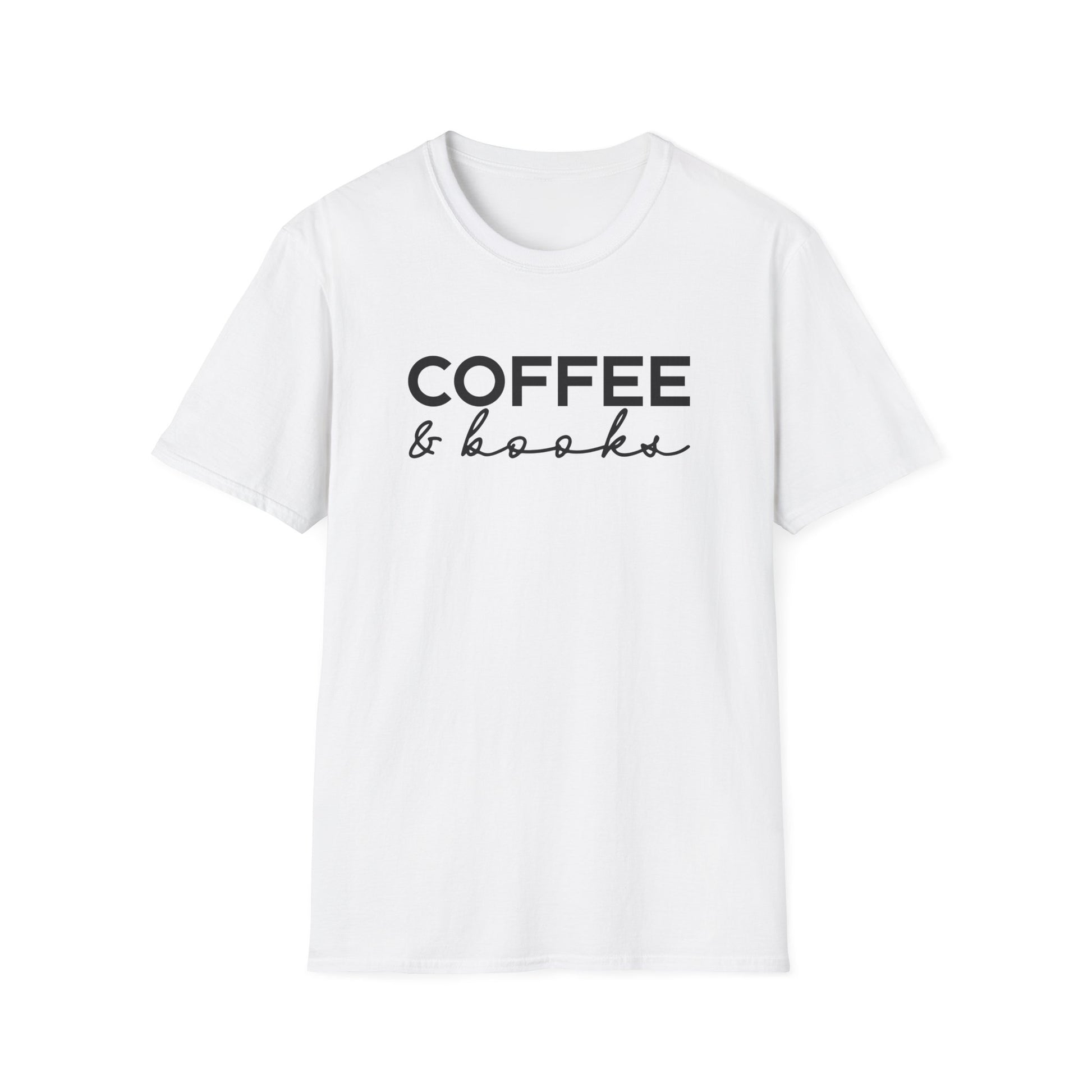 White t-shirt with ’Coffee & Books’ text on a white background