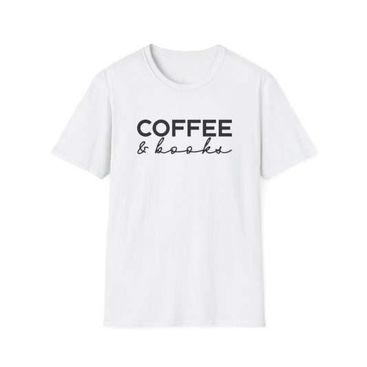 White t-shirt with ’Coffee & Books’ text on a white background
