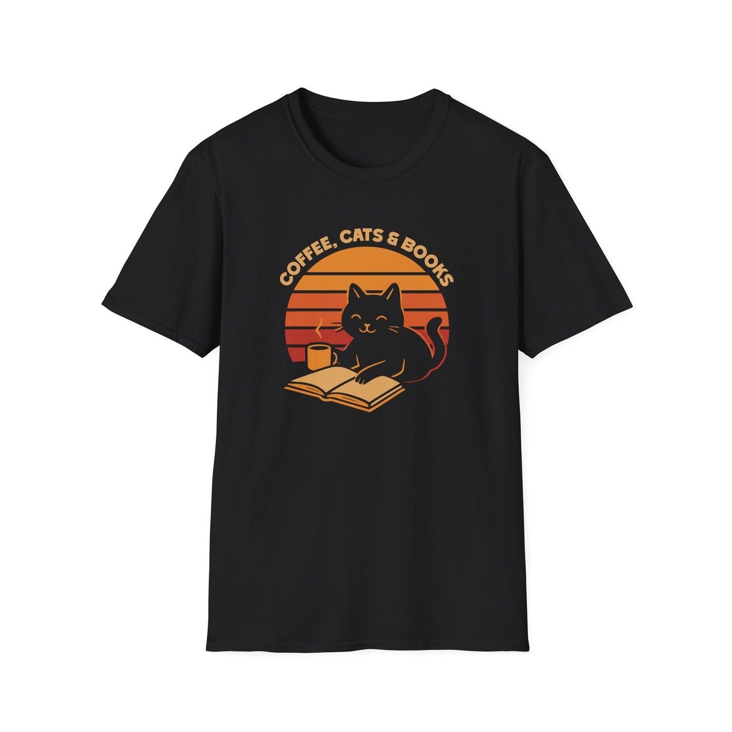 Black t-shirt with ’Coffee, Cats & Books’ text around a retro sun design that shows a smiling cat holding reading a book and holding a freshly made coffee on a mug design on a black background