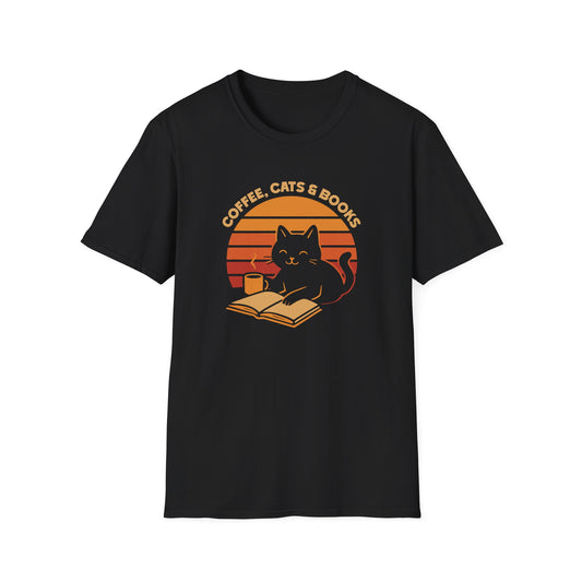 Black t-shirt with ’Coffee, Cats & Books’ text around a retro sun design that shows a smiling cat holding reading a book and holding a freshly made coffee on a mug design on a black background