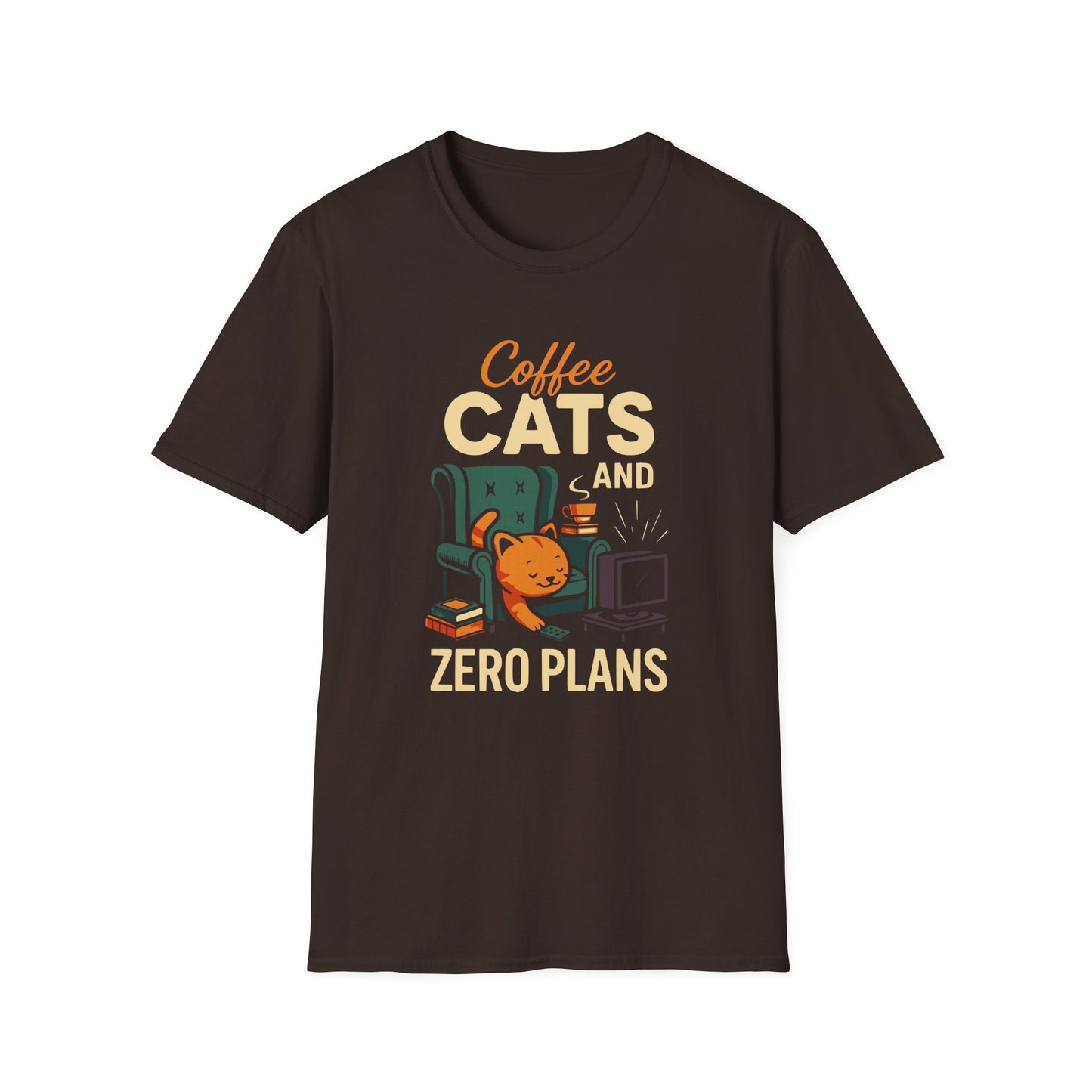 Dark Chocolate color t-shirt with ’Coffee Cats And Zero Plans’ on top and bottom of a cat on a couch watching TV with a freshly made coffee on a mug and books design on a dark chocolate background