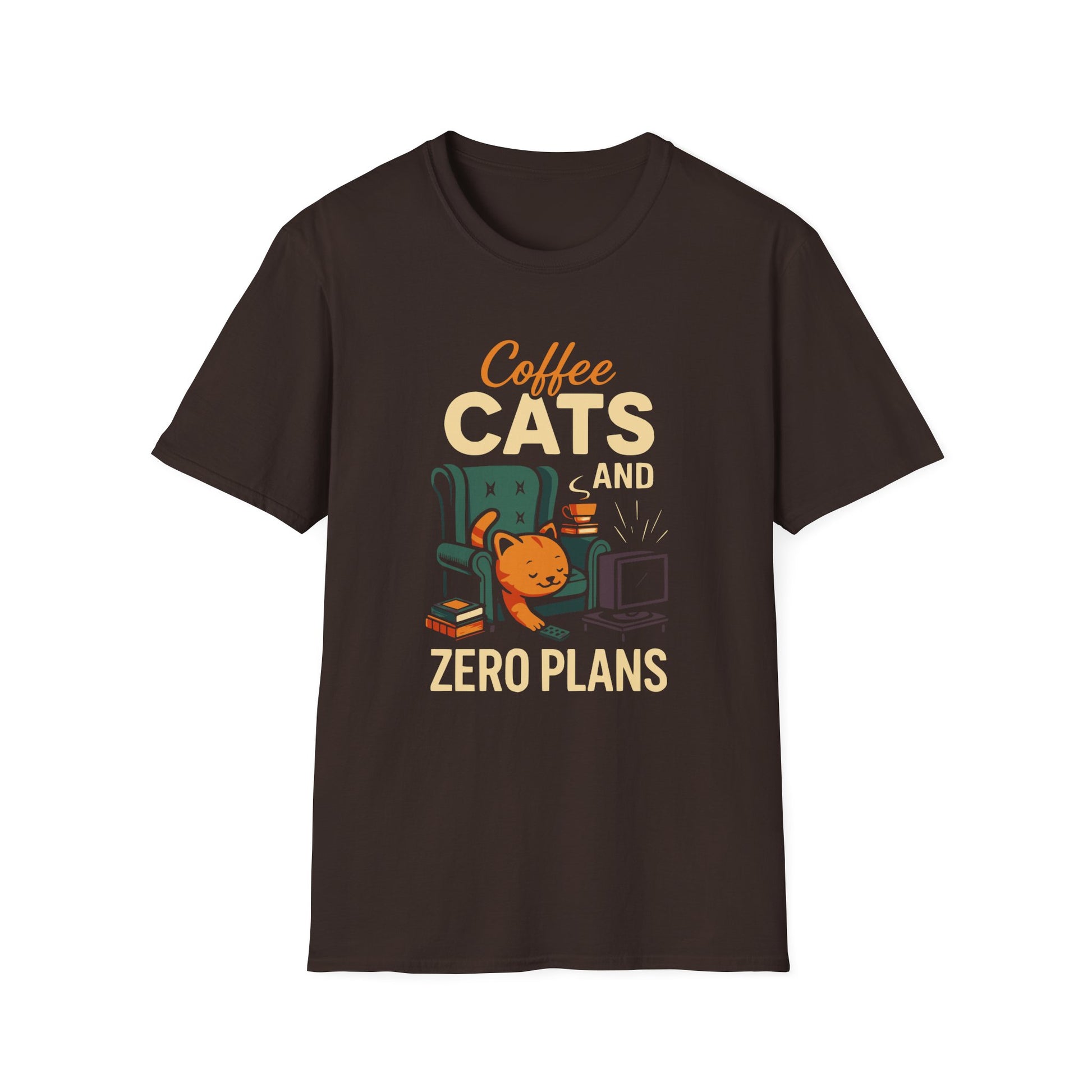 Dark Chocolate color t-shirt with ’Coffee Cats And Zero Plans’ on top and bottom of a cat on a couch watching TV with a freshly made coffee on a mug and books design on a dark chocolate background