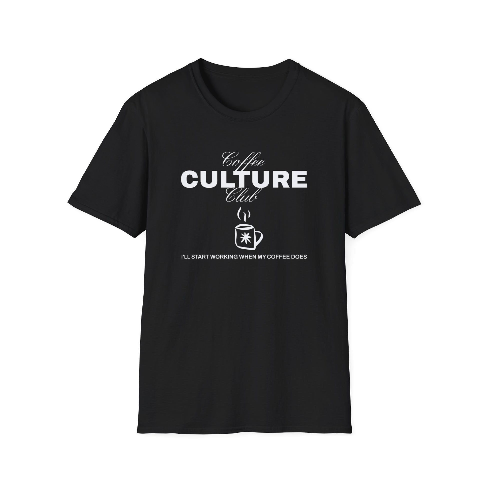 Black t-shirt with 'Coffee Culture Club' text and graphic on a white background