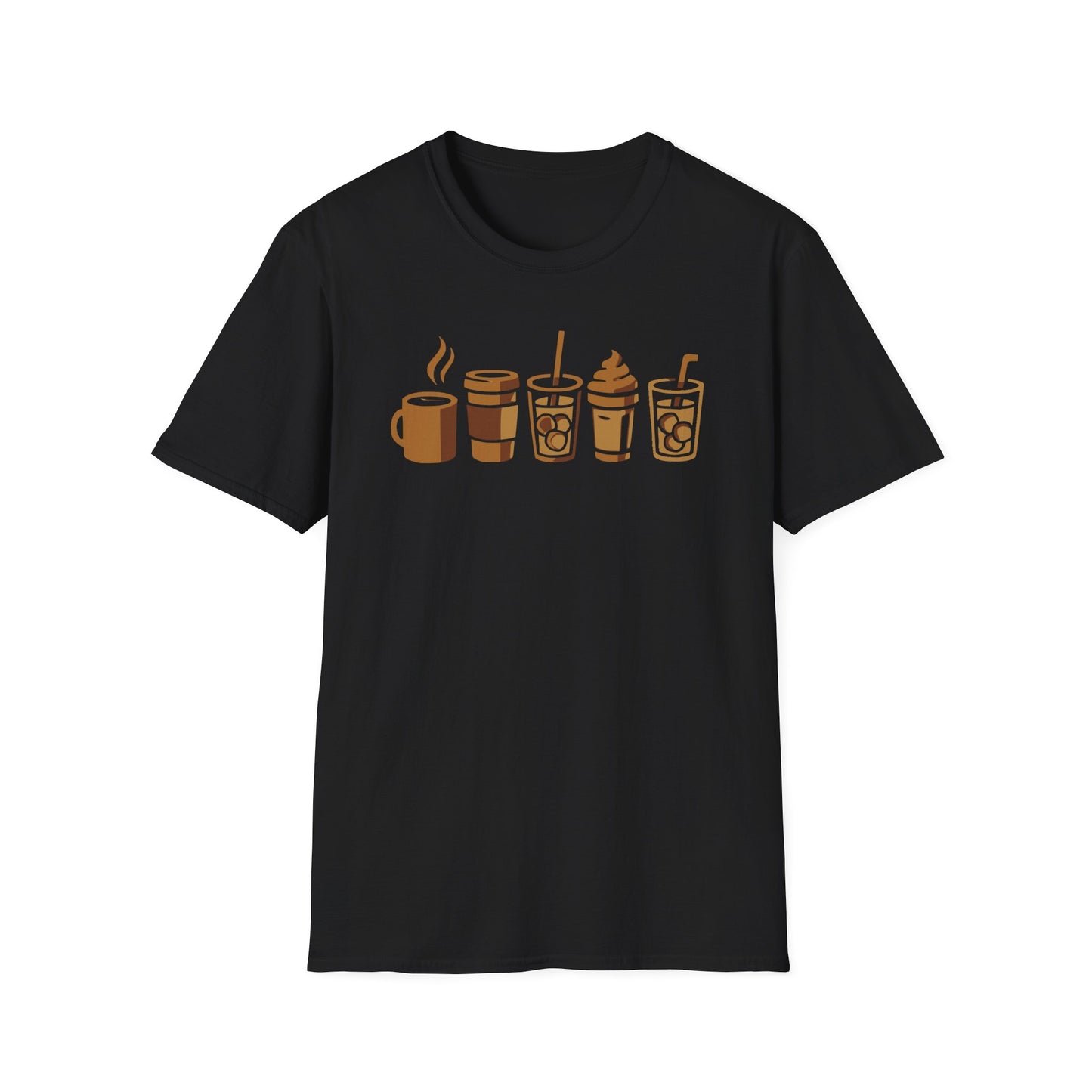 Black t-shirt with brown coffee-themed graphic on a white background