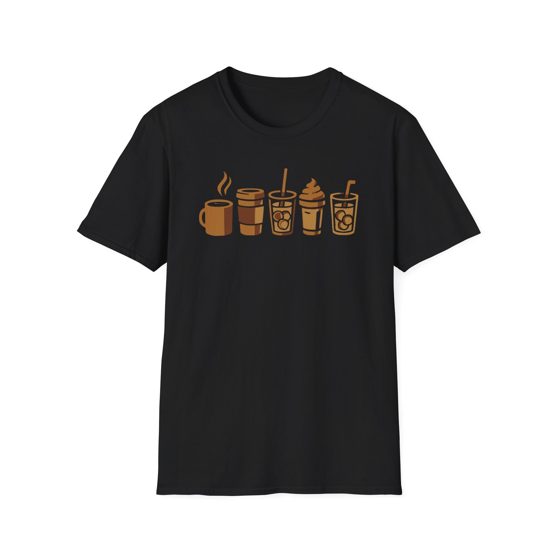 Black t-shirt with brown coffee-themed graphic on a white background