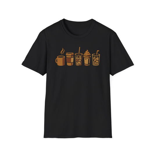 Black t-shirt with brown coffee-themed graphic on a white background