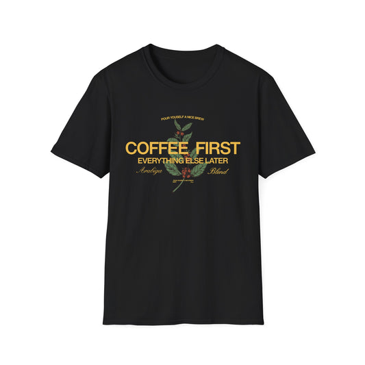 Black t-shirt with yellow 'Coffee First Everything Else Later' text and coffee-themed design on a white background