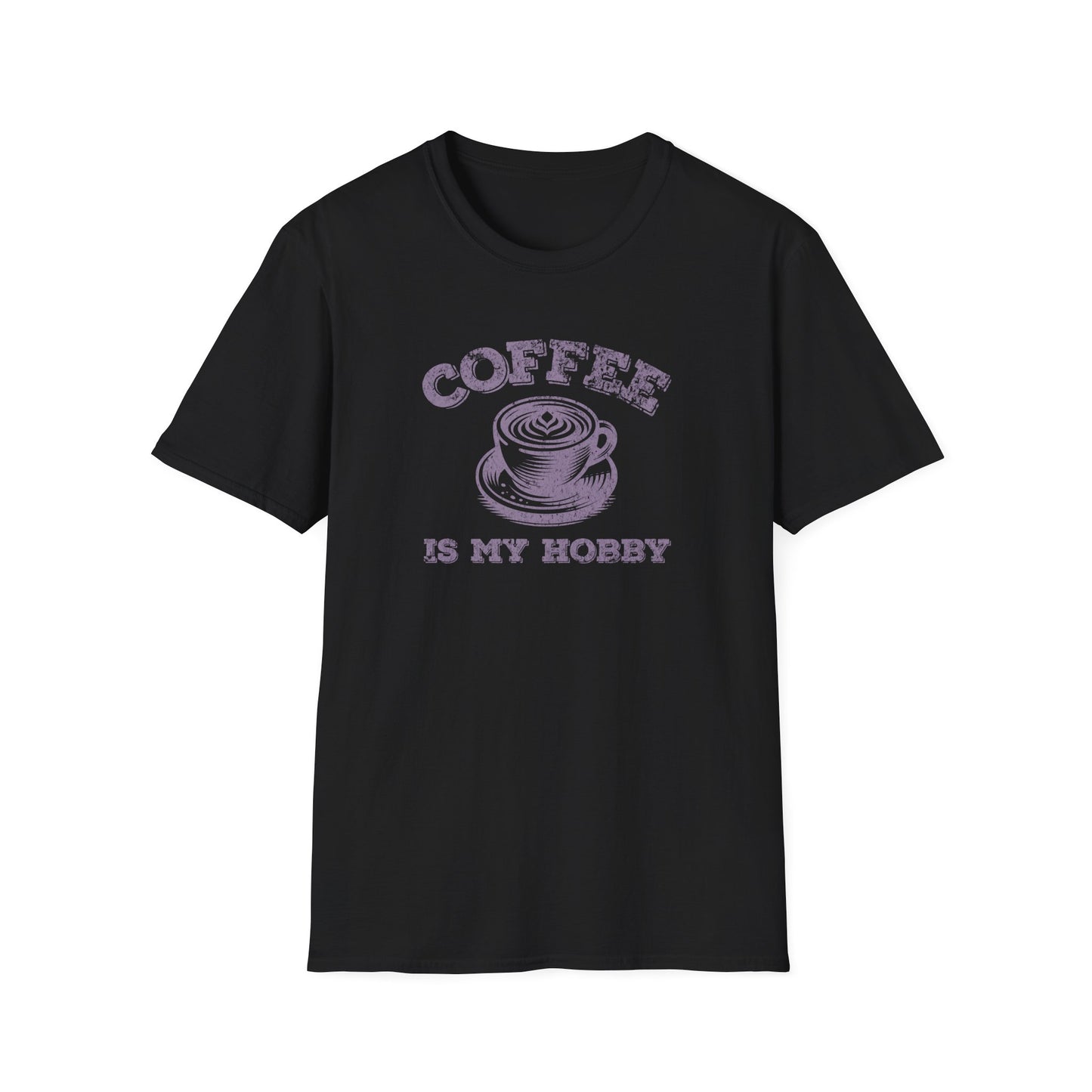 Black t-shirt with ‘Coffee Is My Hobby’ text and a cup of latte art design in the middle on a black background