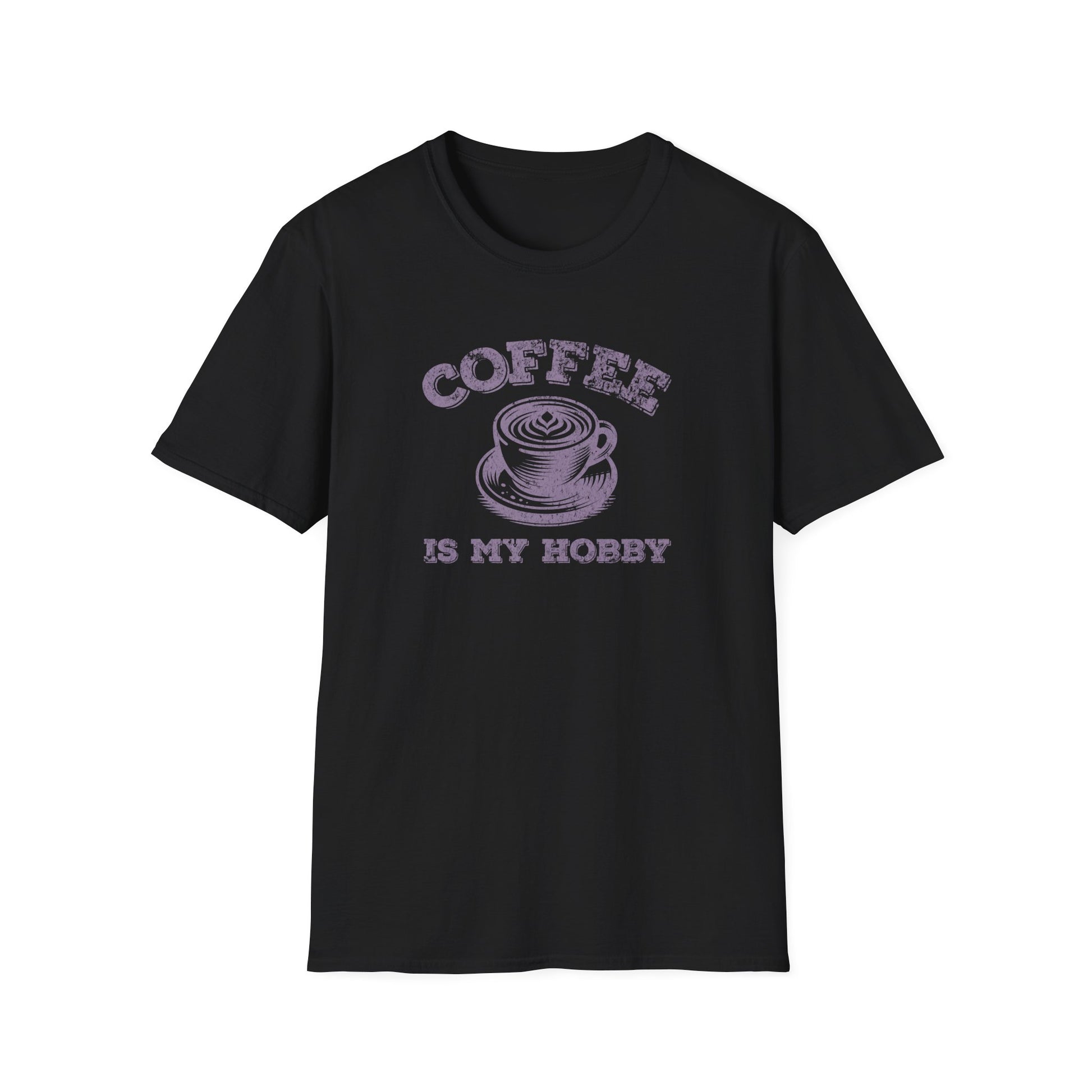 Black t-shirt with ‘Coffee Is My Hobby’ text and a cup of latte art design in the middle on a black background