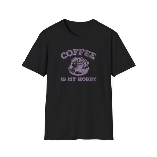 Black t-shirt with ‘Coffee Is My Hobby’ text and a cup of latte art design in the middle on a black background