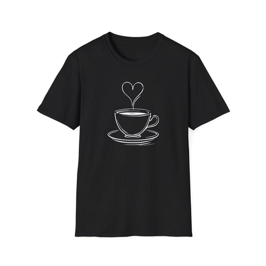 Black t-shirt with a white coffee cup and heart design on a white background