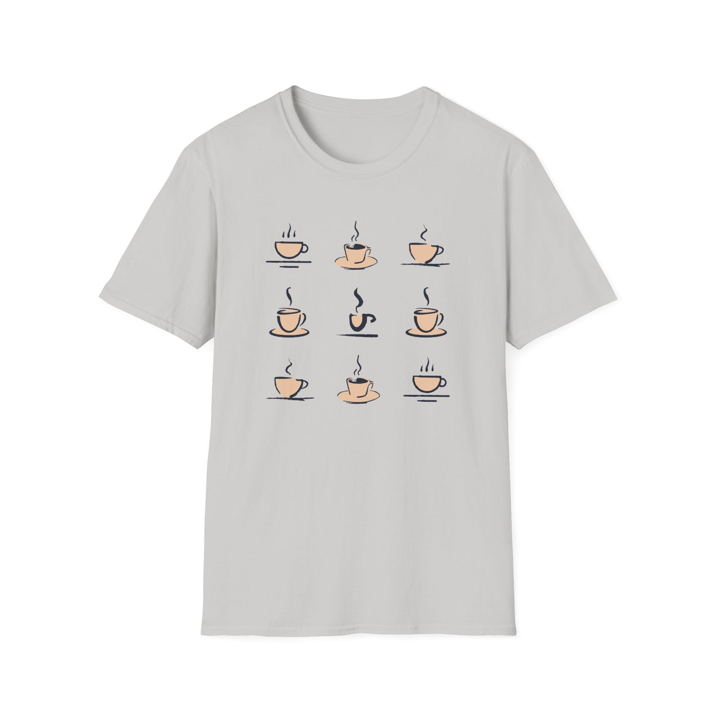 Ice Gray t-shirt with coffee cup graphics arranged 3X3 on a white background