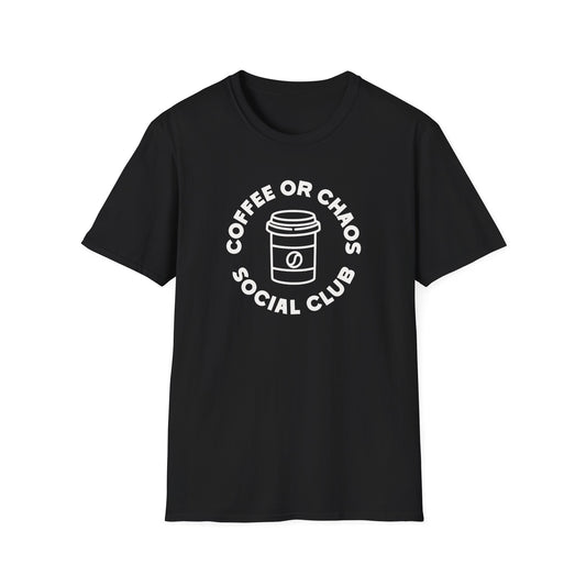 Black color t-shirt with ’Coffee Or Chaos Social Club’ text on a circle around a coffee cup design on a black background