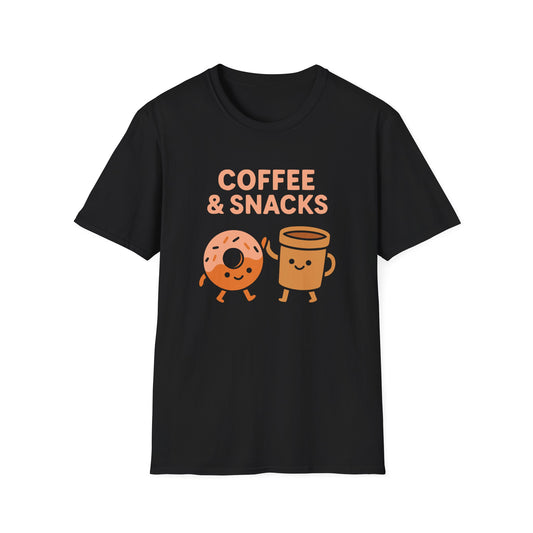 Black t-shirt with 'Coffee & Snacks' text and graphics on a white background