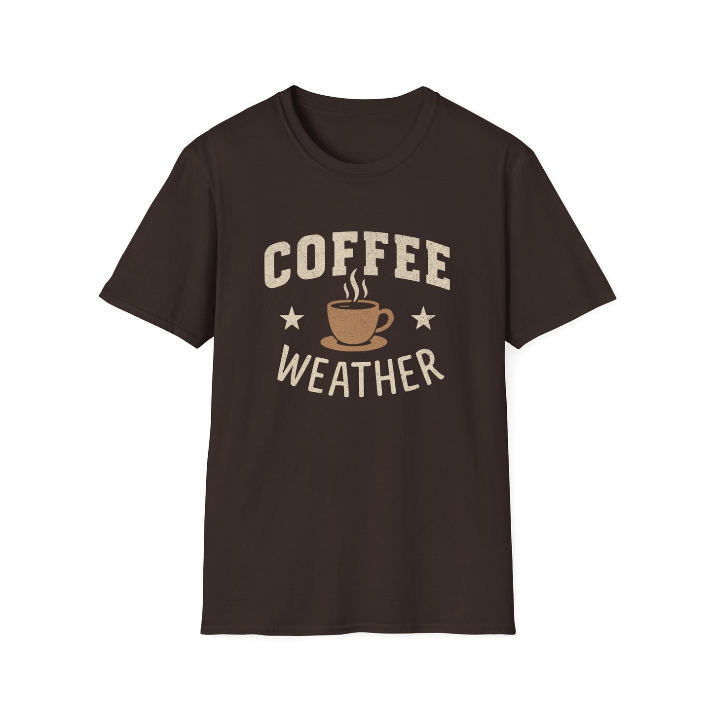 Dark Chocolate t-shirt with ’Coffee Weather’ text surrounding a mug with freshly made coffee and a couple of starts one in both side of the mug design on a dark chocolate background