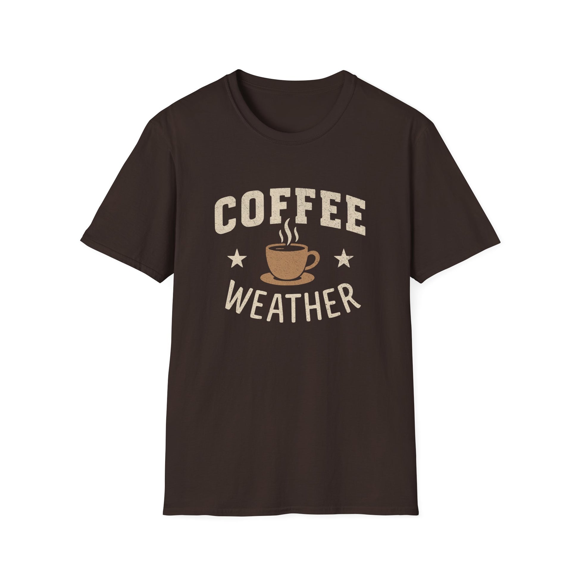 Dark Chocolate t-shirt with ’Coffee Weather’ text surrounding a mug with freshly made coffee and a couple of starts one in both side of the mug design on a dark chocolate background