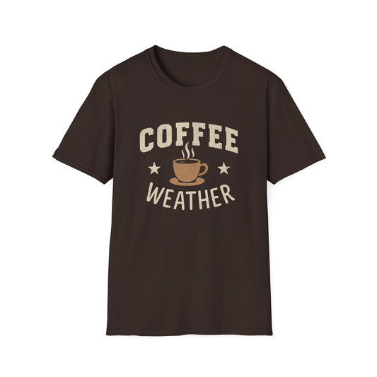 Dark Chocolate t-shirt with ’Coffee Weather’ text surrounding a mug with freshly made coffee and a couple of starts one in both side of the mug design on a dark chocolate background