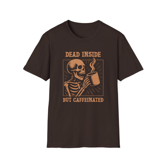 Dark Chocolate color t-shirt with ’Dead Inside But Caffeinated’ text on top and bottom of a square closing around a skeleton holding a freshly made coffee on a mug design on a dark chocolate background