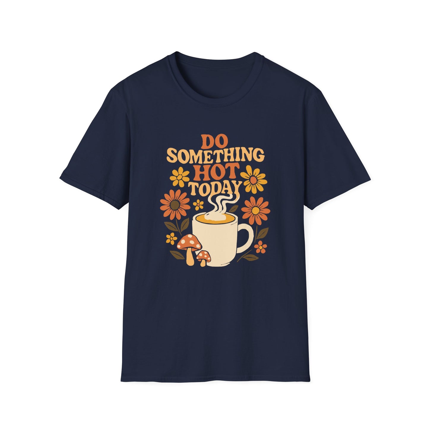 Navy color t-shirt with ’Do Something Hot Today’ text on a bohemian hippy 70s style on top of a freshly made coffee on a mug and surrounded by flowers and mushrooms on a navy background